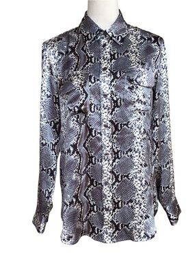 Vintage Snappy Turtle Silk Snakeskin Print Ling Sleeve Button Up Blouse